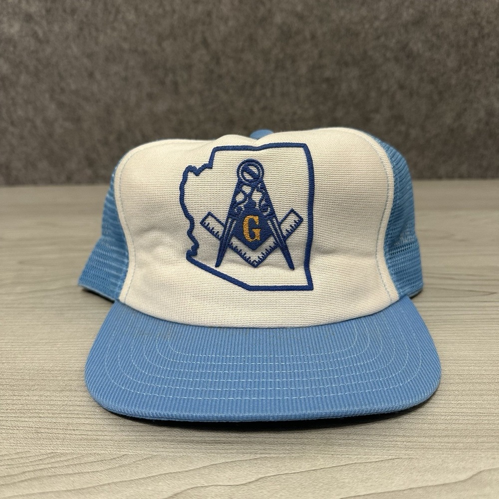 Vintage Masonic Trucker Hat Snapback Blue White Freemason Square Compass